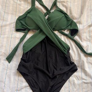 One-Piece Cut-Out Swimsuit in Green and Black